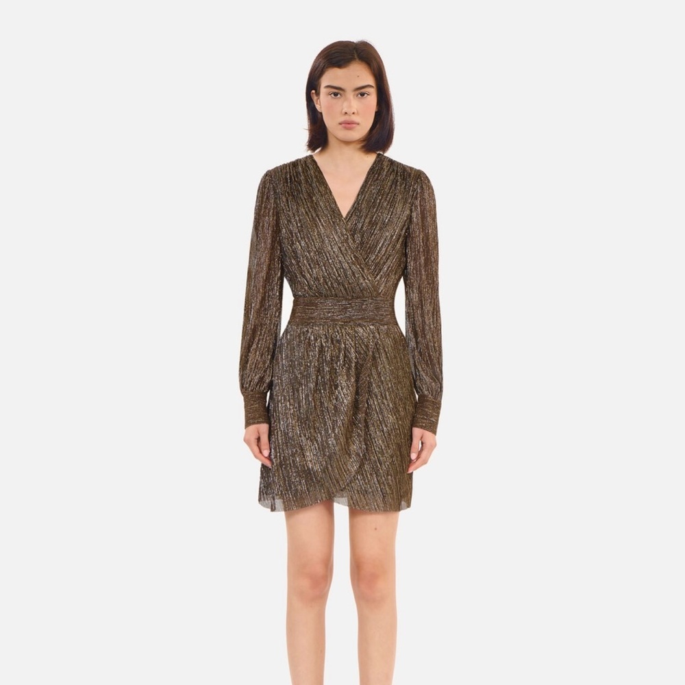 The Kooples Brown and Gold Wrap Sheath Dress with Bishop Sleeves